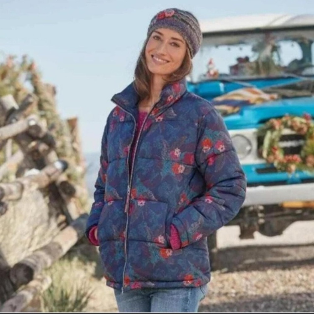 Sundance Kimmy Navy Floral Puffer Jacket high funnel neck tapestry design small